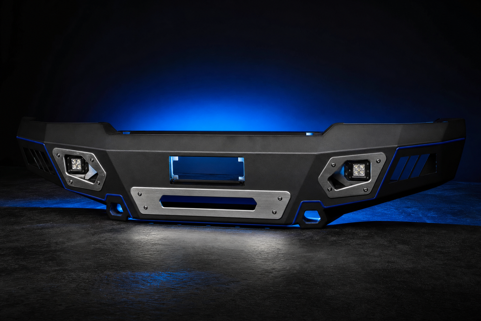 Heavy-duty truck bumper with matte black powder coat and electric blue pinstriping