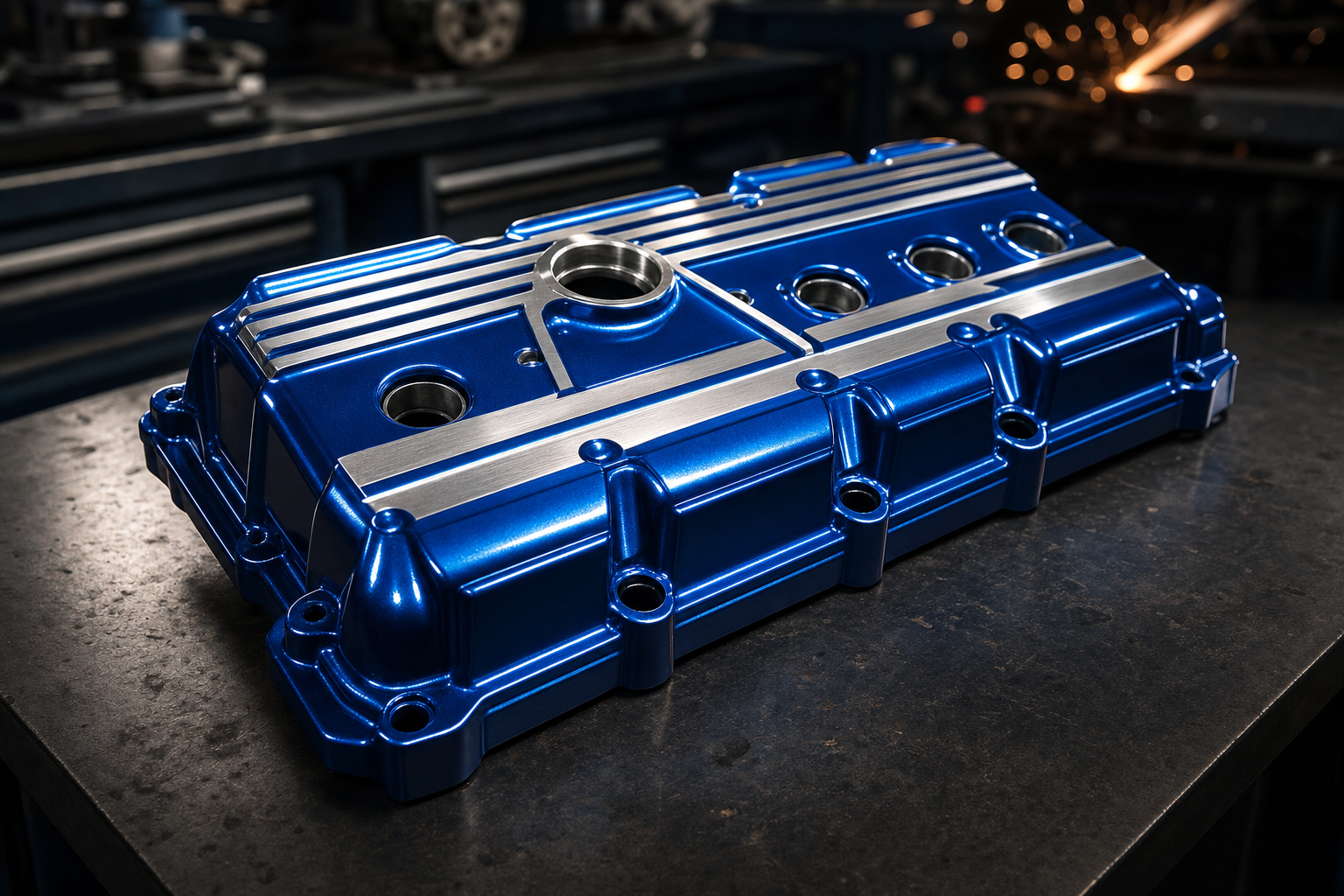 Powder-coated engine valve cover with candy blue finish and brushed aluminum fins