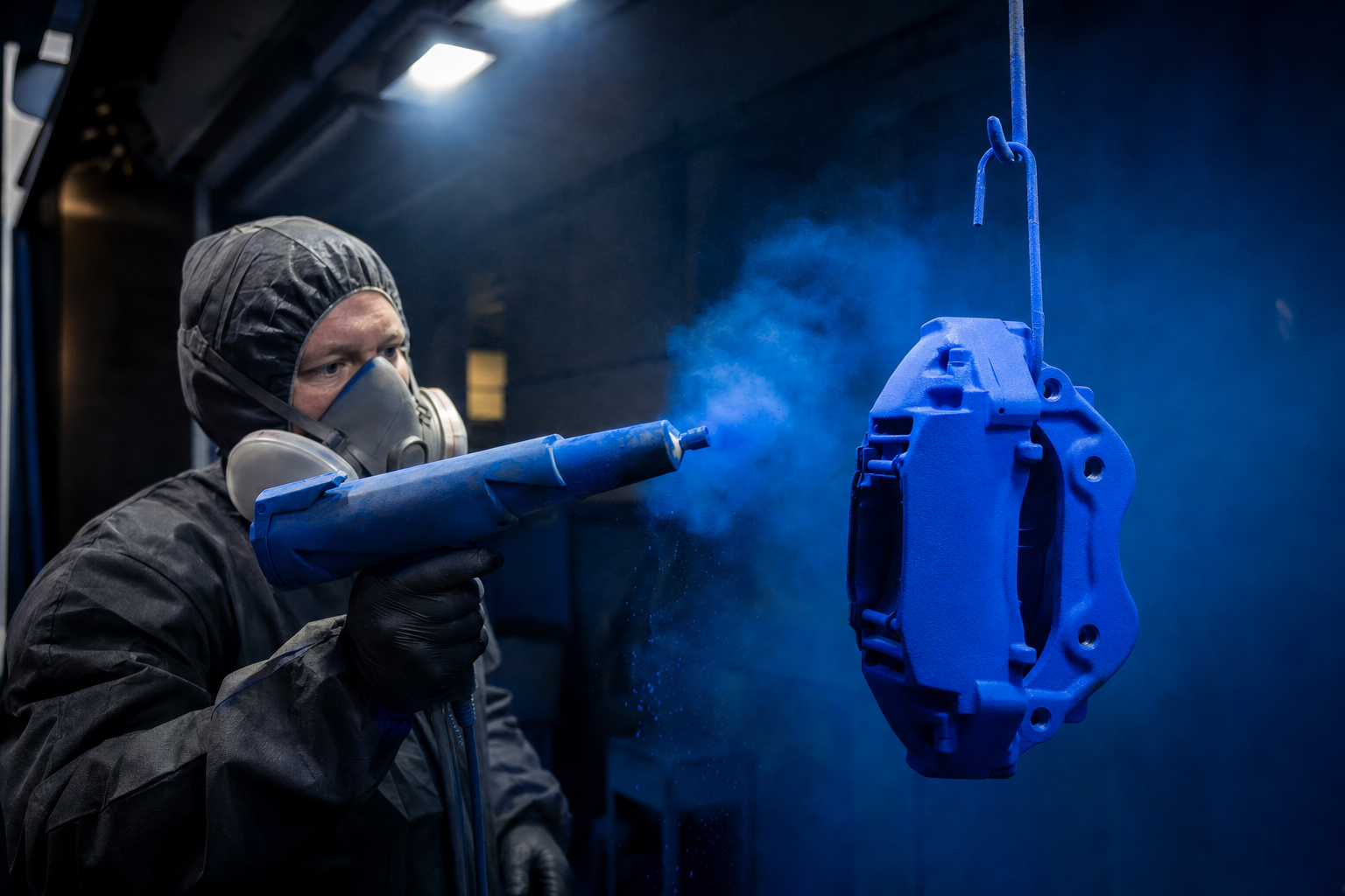 Delta Forged Customs technician applying blue powder coat to a brake caliper